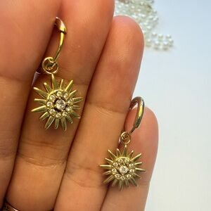 Gold Sunburst Earrings with Crystals Stainless Steel